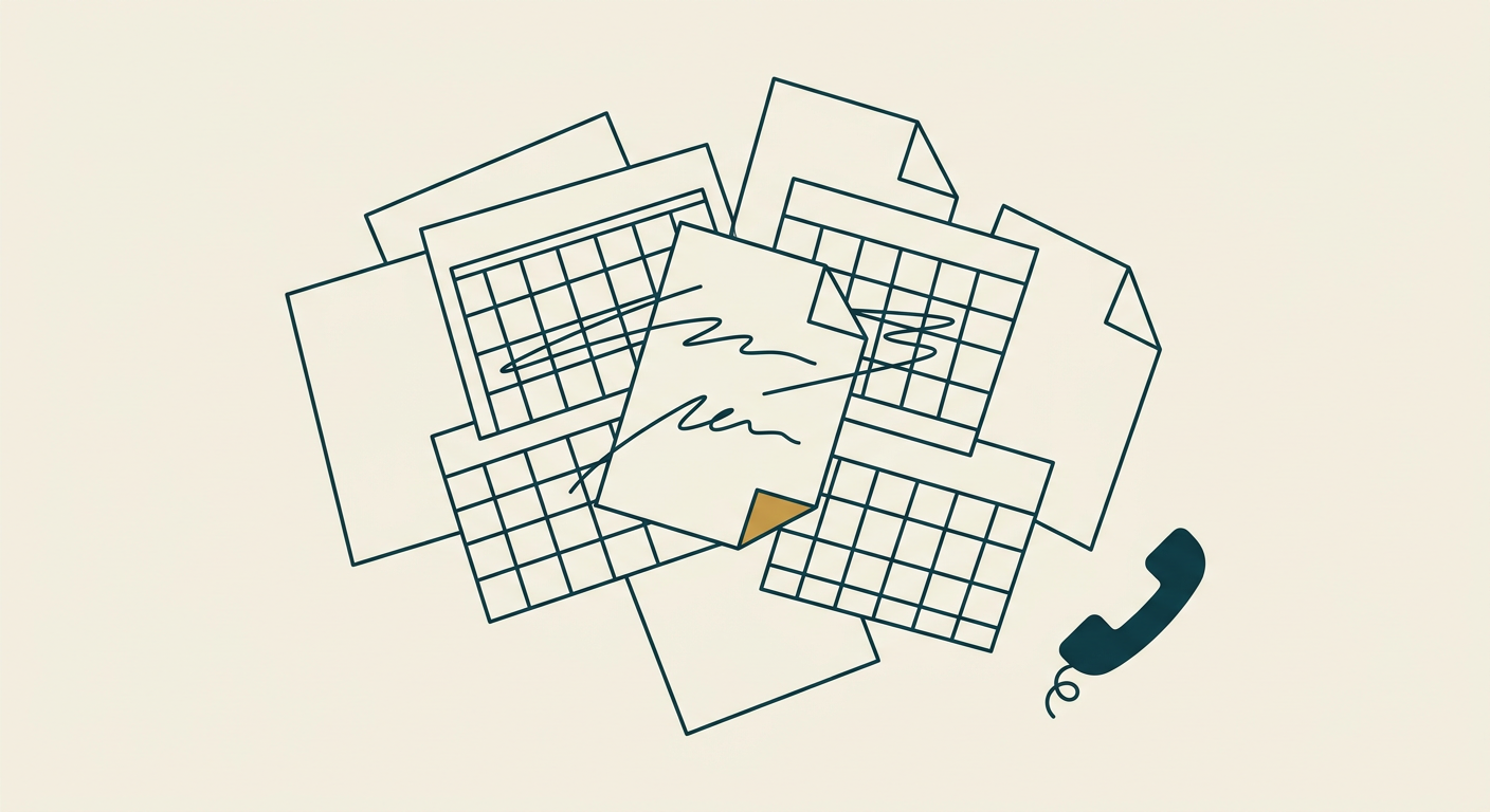 Illustration de feuilles et de fiches dispersées, symbolisant le désordre du planning fait à la main